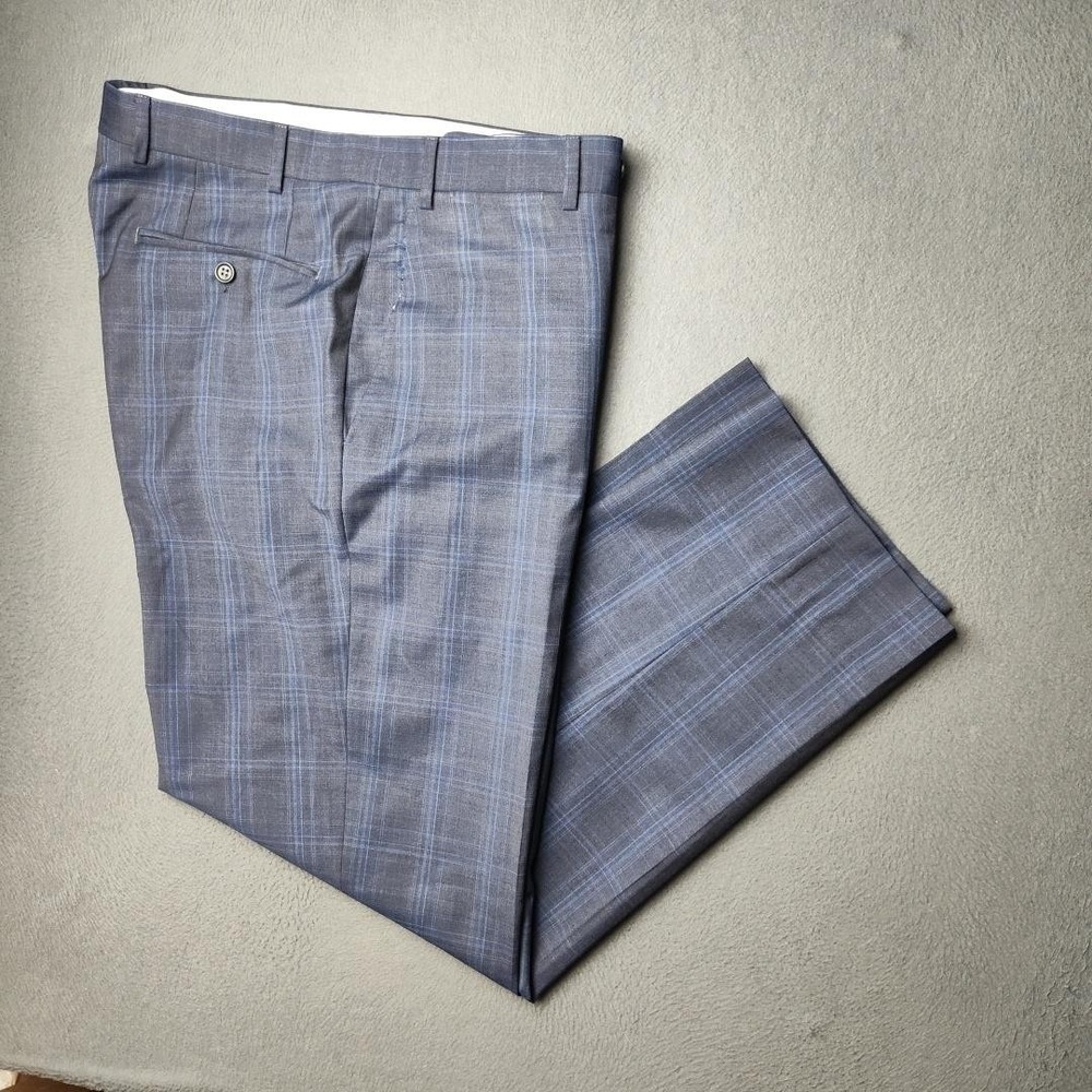 Canali Dress Pants Mens 34x29 EU 50 Blue Windowpane Wool Flat Front Trousers